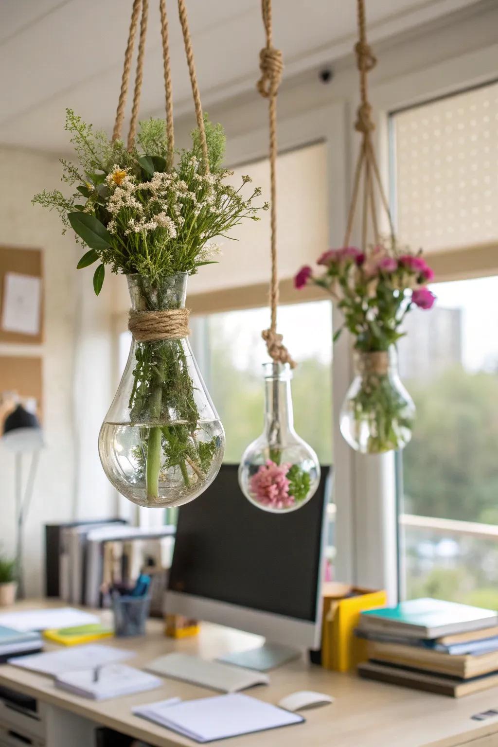Suspending bloom holders conjuring a vertical garden consequence within a study.