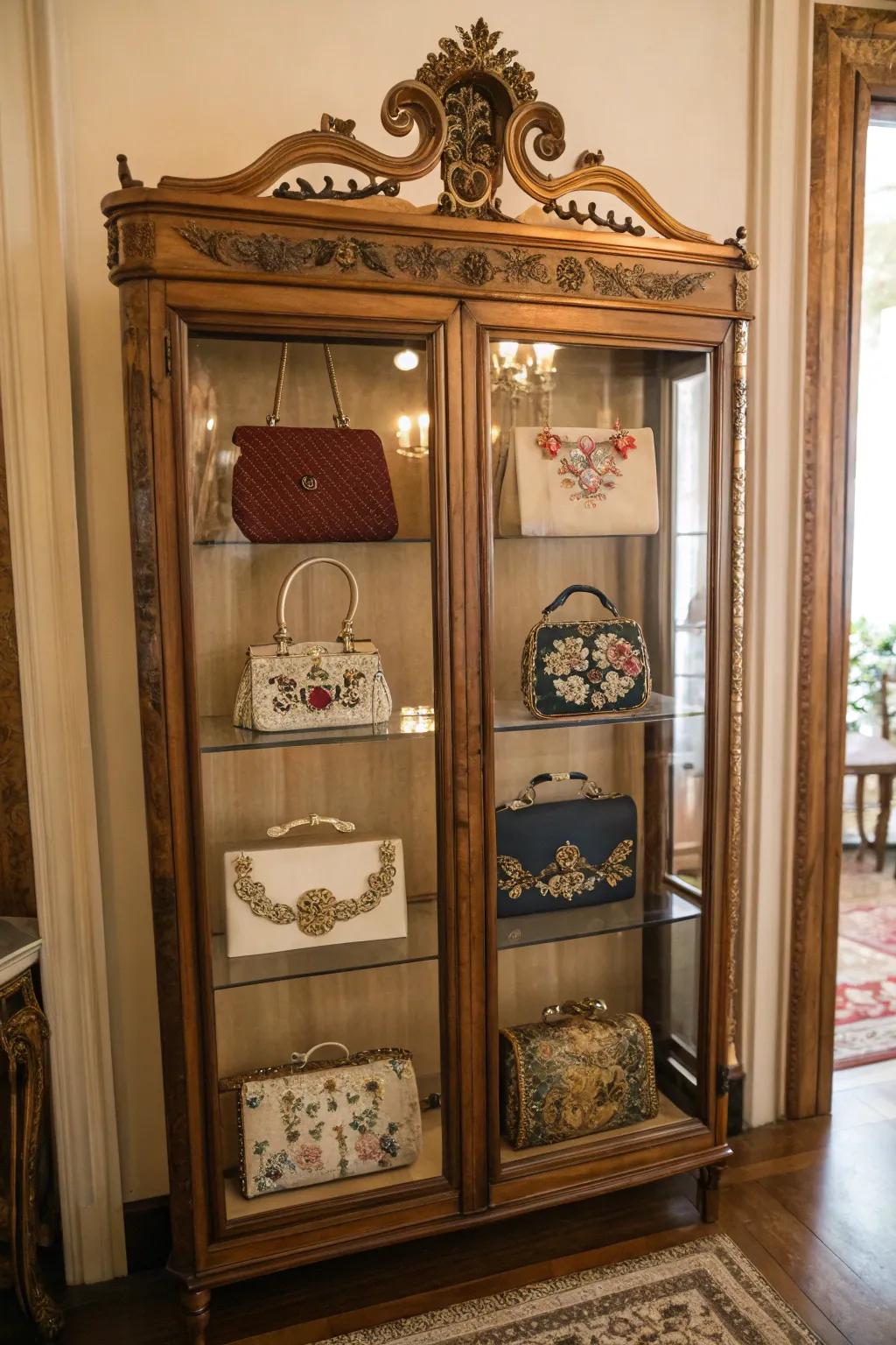 A vintage cabinet elegantly storing and displaying purses.