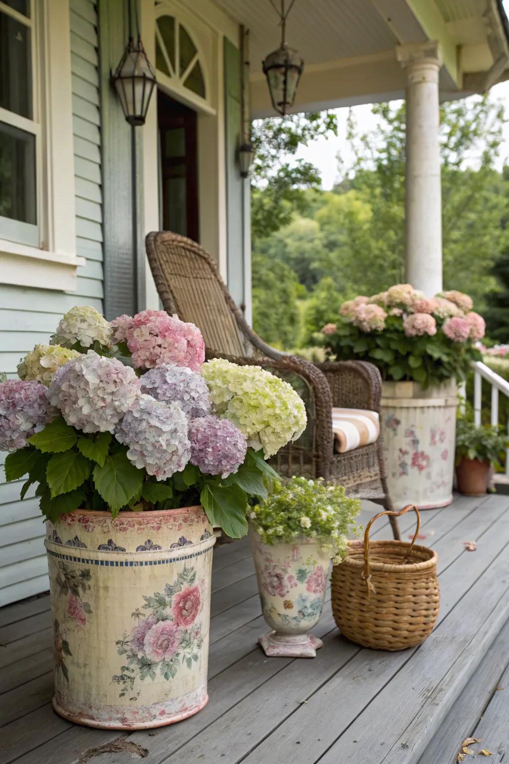 Pots echoing past eras adding nostalgic charm to hydrangeas in containers.