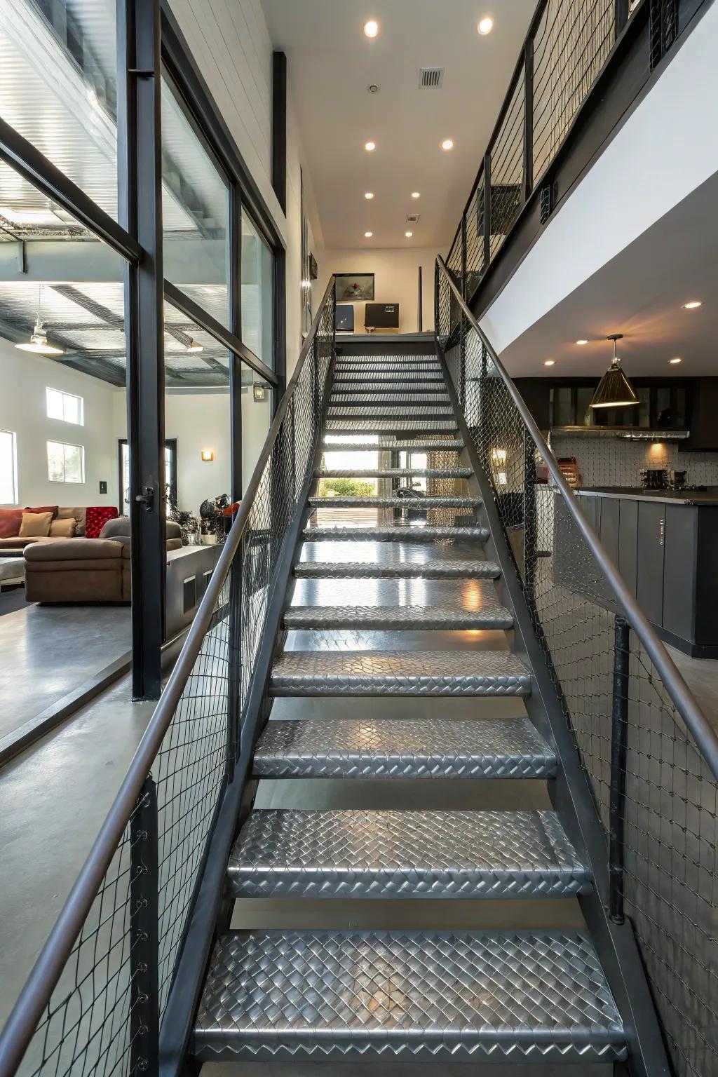 Include an industrial touch with metal stairs.
