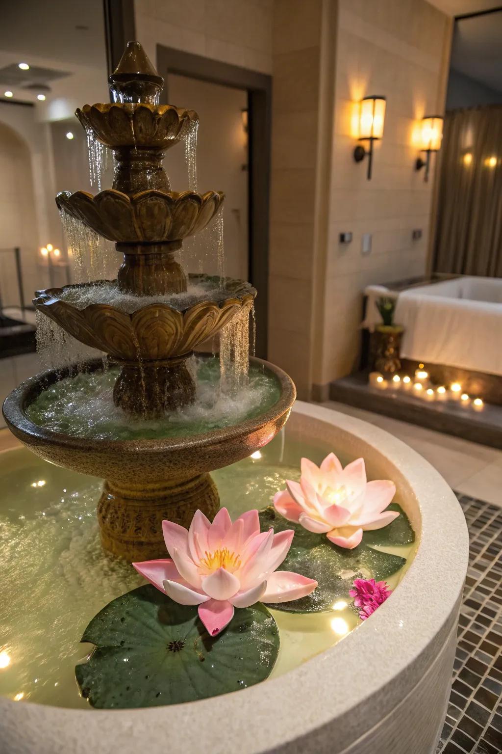 Floating lotus water features bring an unusual and calming touch.