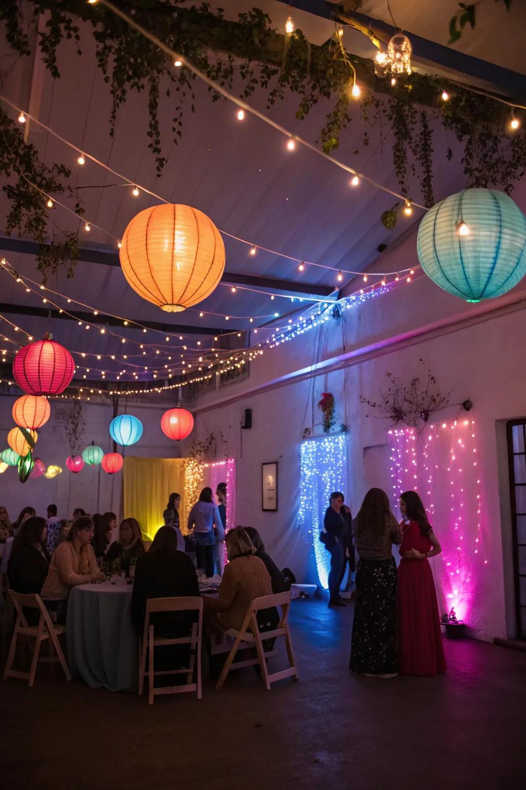 A magical indoor celebration featuring whimsical lighting.