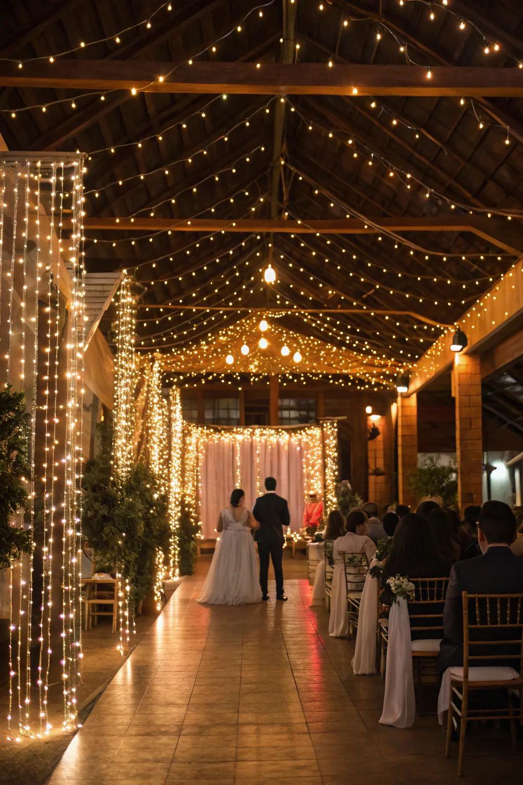 Fairy light curtains add whimsy and magic to the wedding.