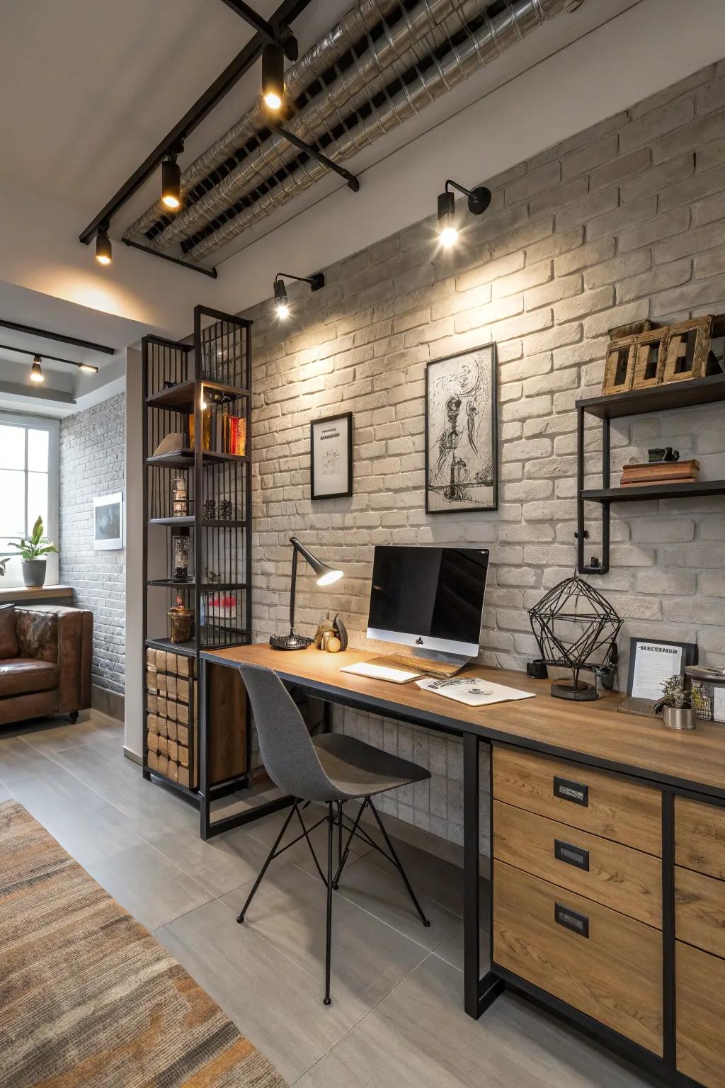 Modern industrial home office illuminated by LED retrofit lighting