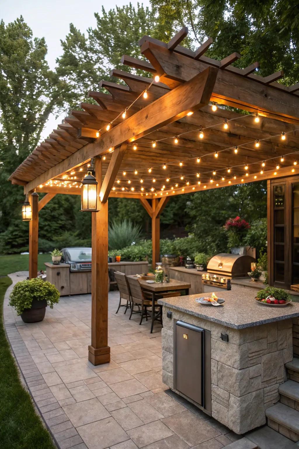 A simple pergola transformed by the glow of string lights.