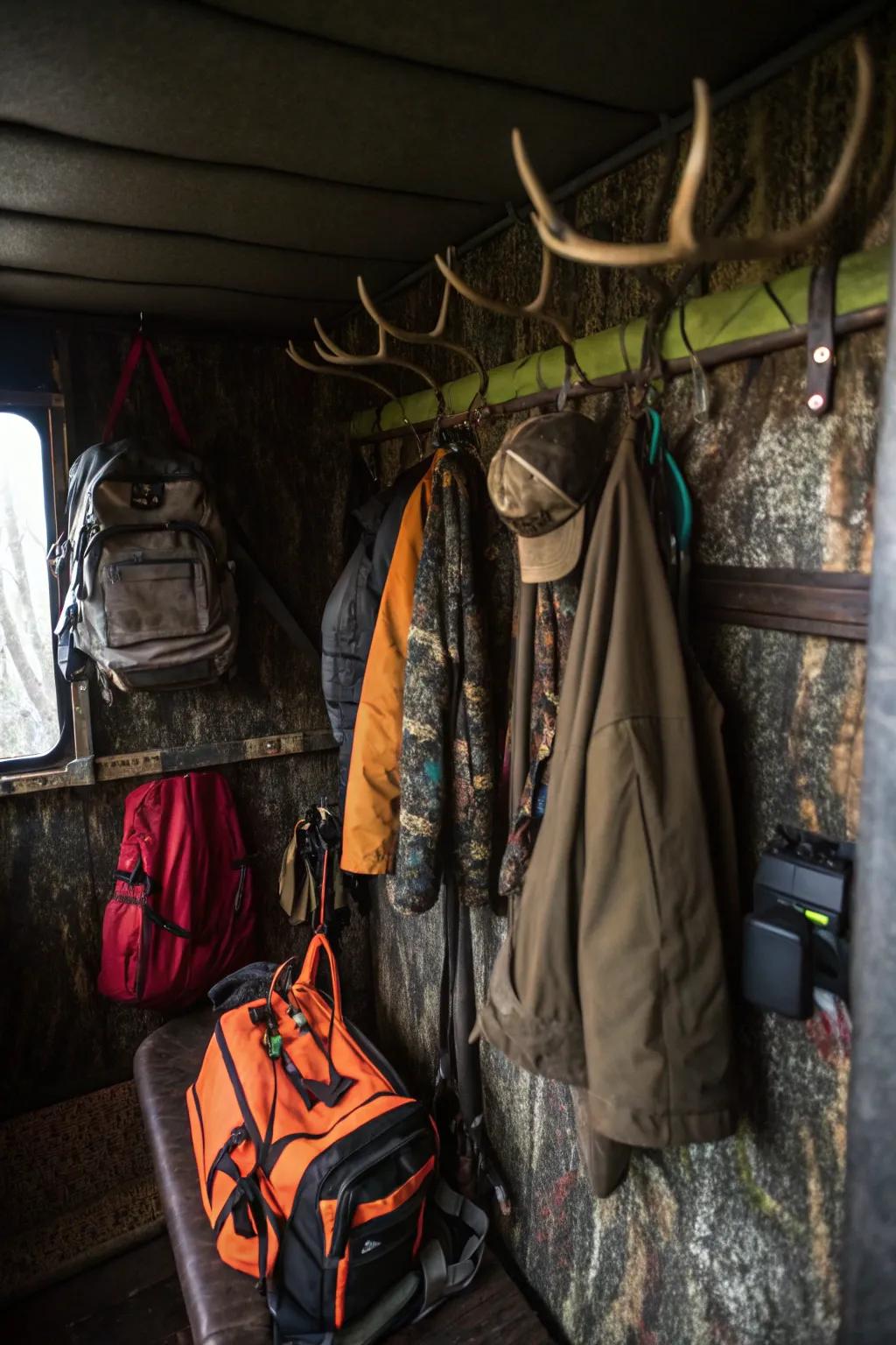 Hooks offer a useful way to hang gear and keep the floor space clear.