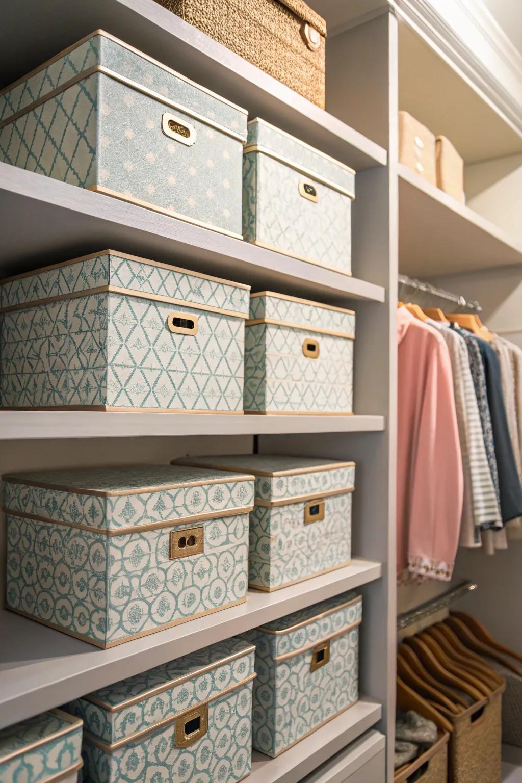 Achieve harmony in your closet with decorative storage boxes.