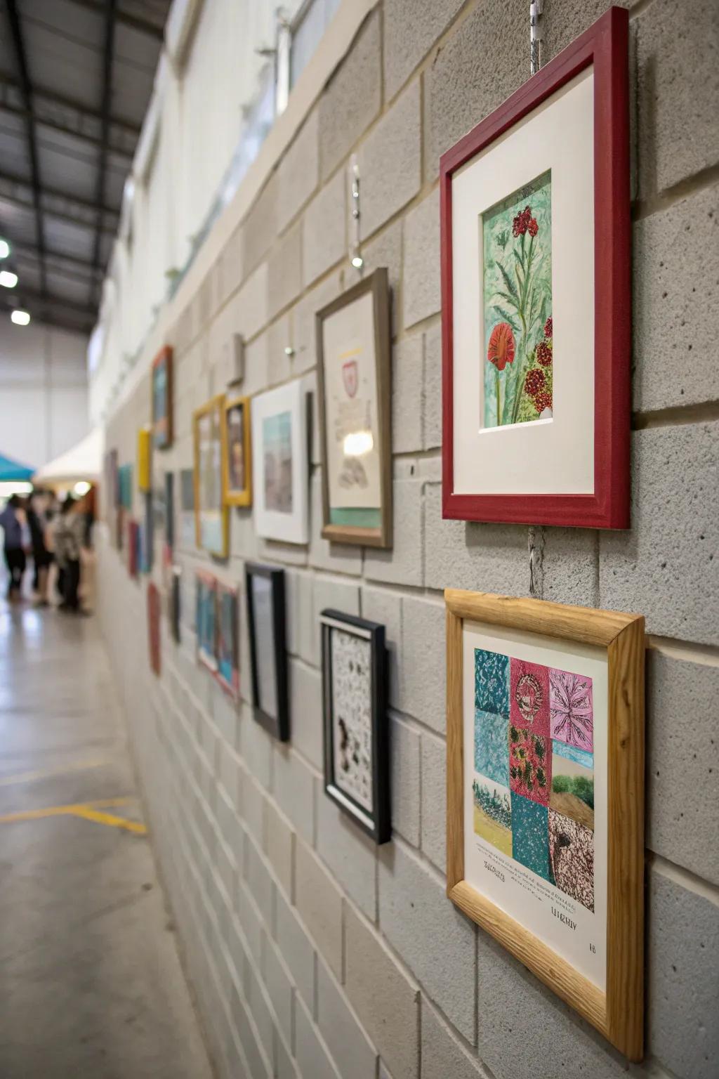 A gallery wall display against a concrete block facade.