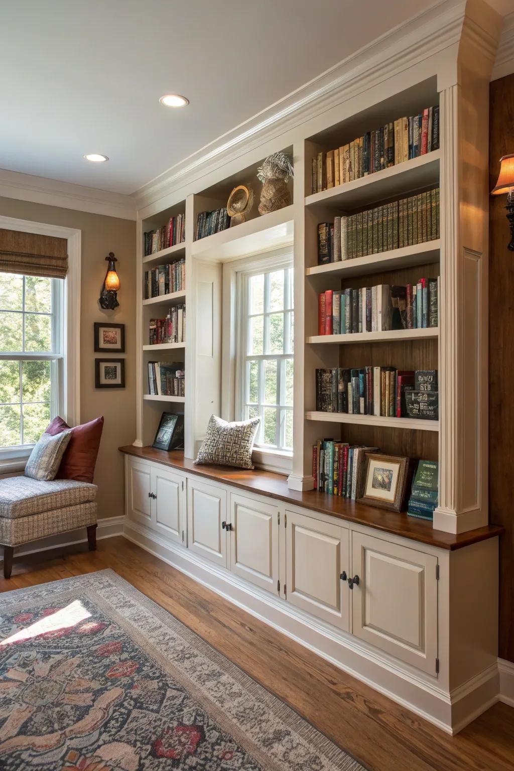 Built-in bookshelves with custom trim adding charm to a home library.