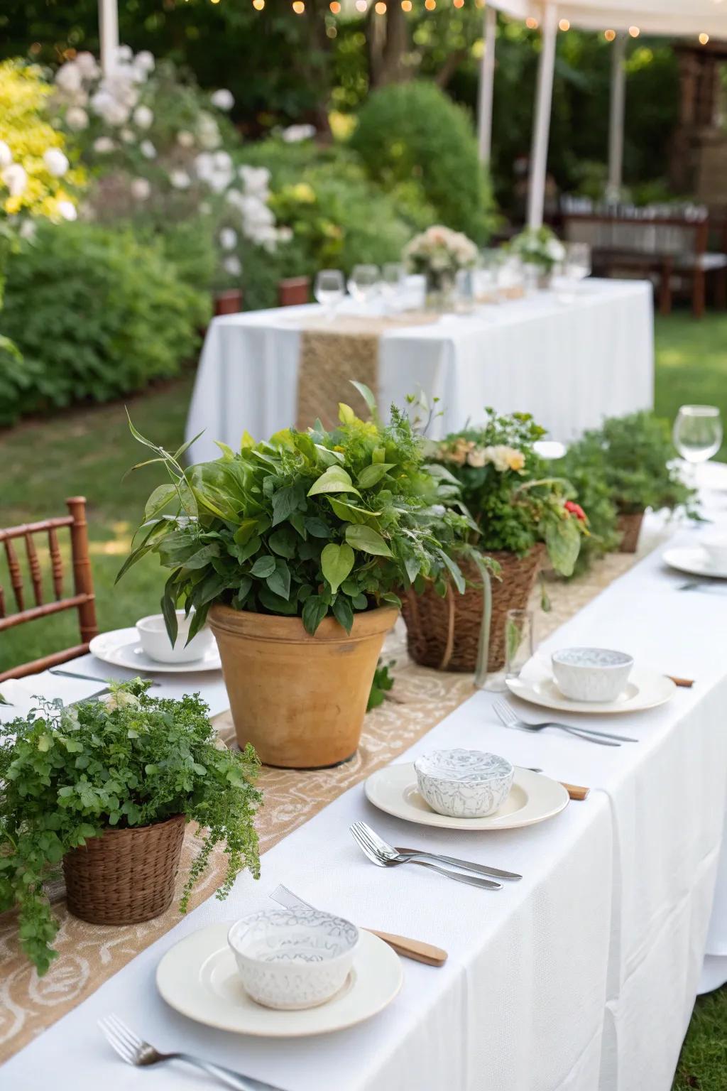 Sustainable potted plants serve as attractive table focal pieces.