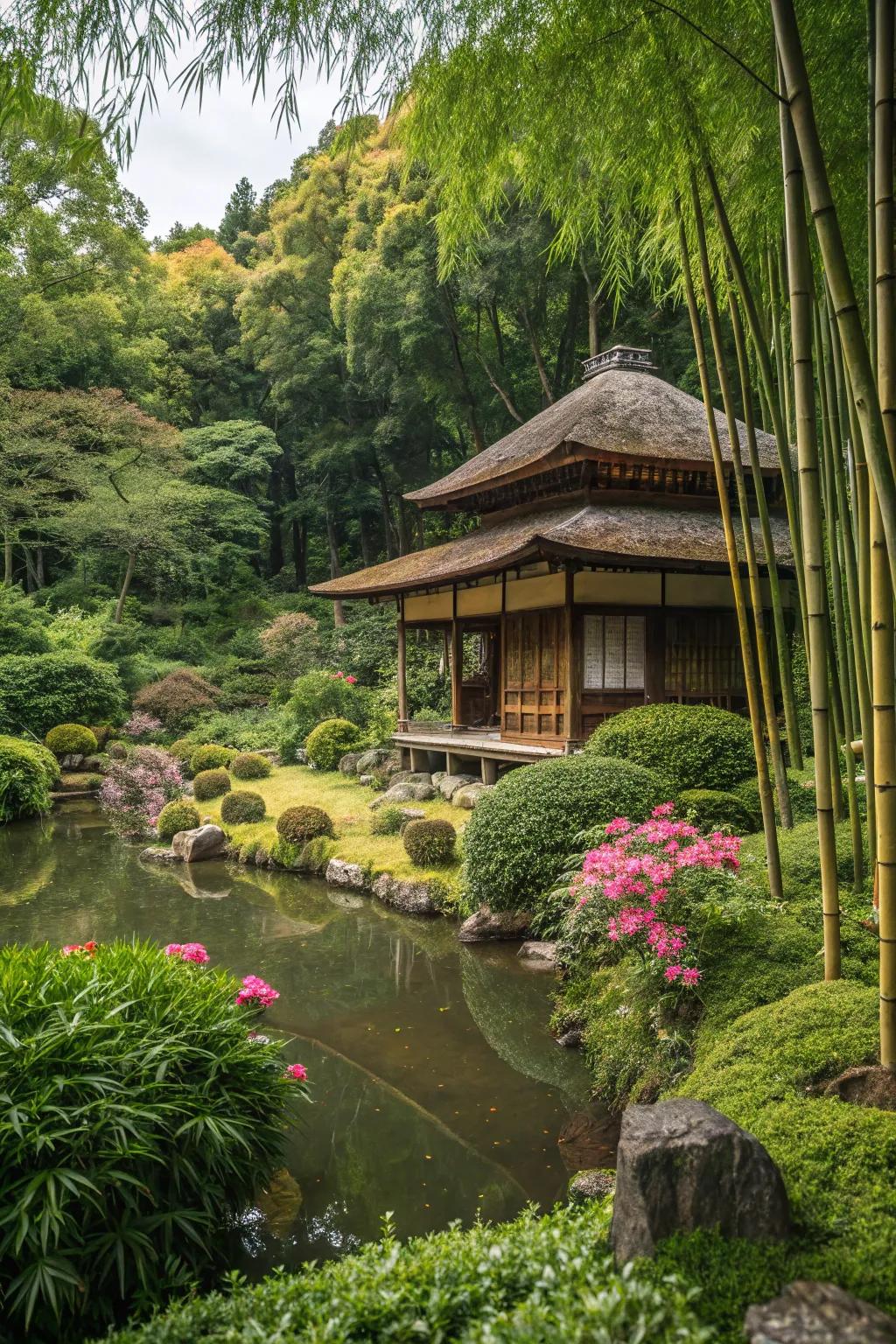 A captivating tea alcove nestled within a Japanese garden.