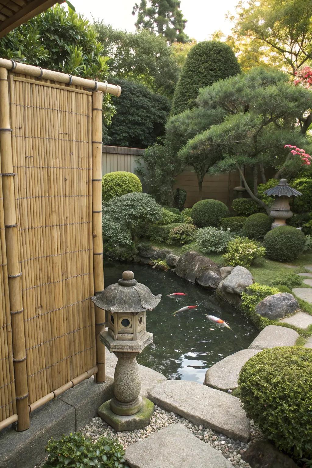 A reed partition providing privacy in a Japanese garden.