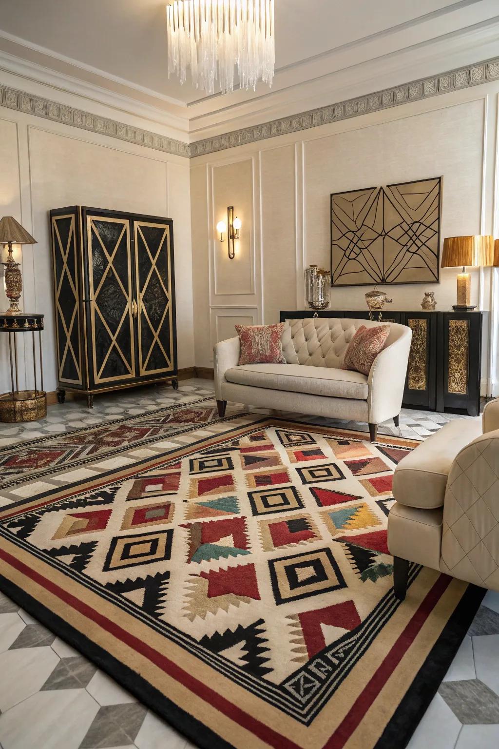 Floorcloths with striking patterns anchor and define the space.