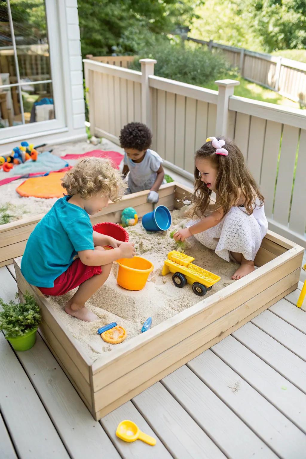 A deck with a sand area filled with toys where children are building sandcastles.