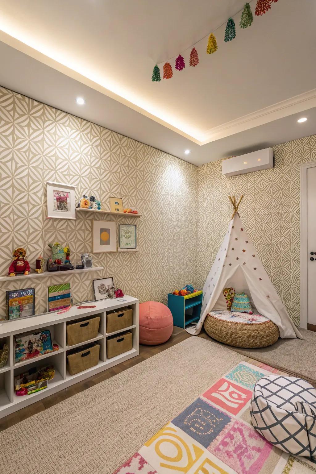 A playroom enriched with textured wall covering, inviting touch and exploration.
