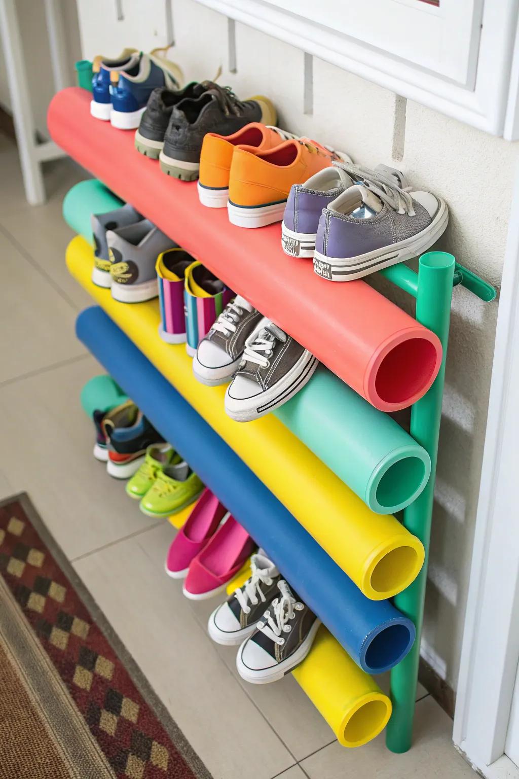 Get creative with PVC pipe shoe storage.