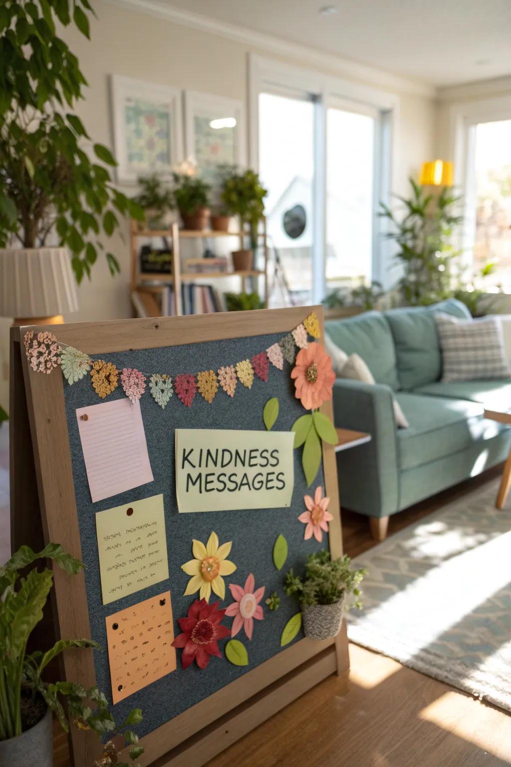 A sun-drenched living area showcases a garden-inspired kindness bulletin board featuring paper blooms.