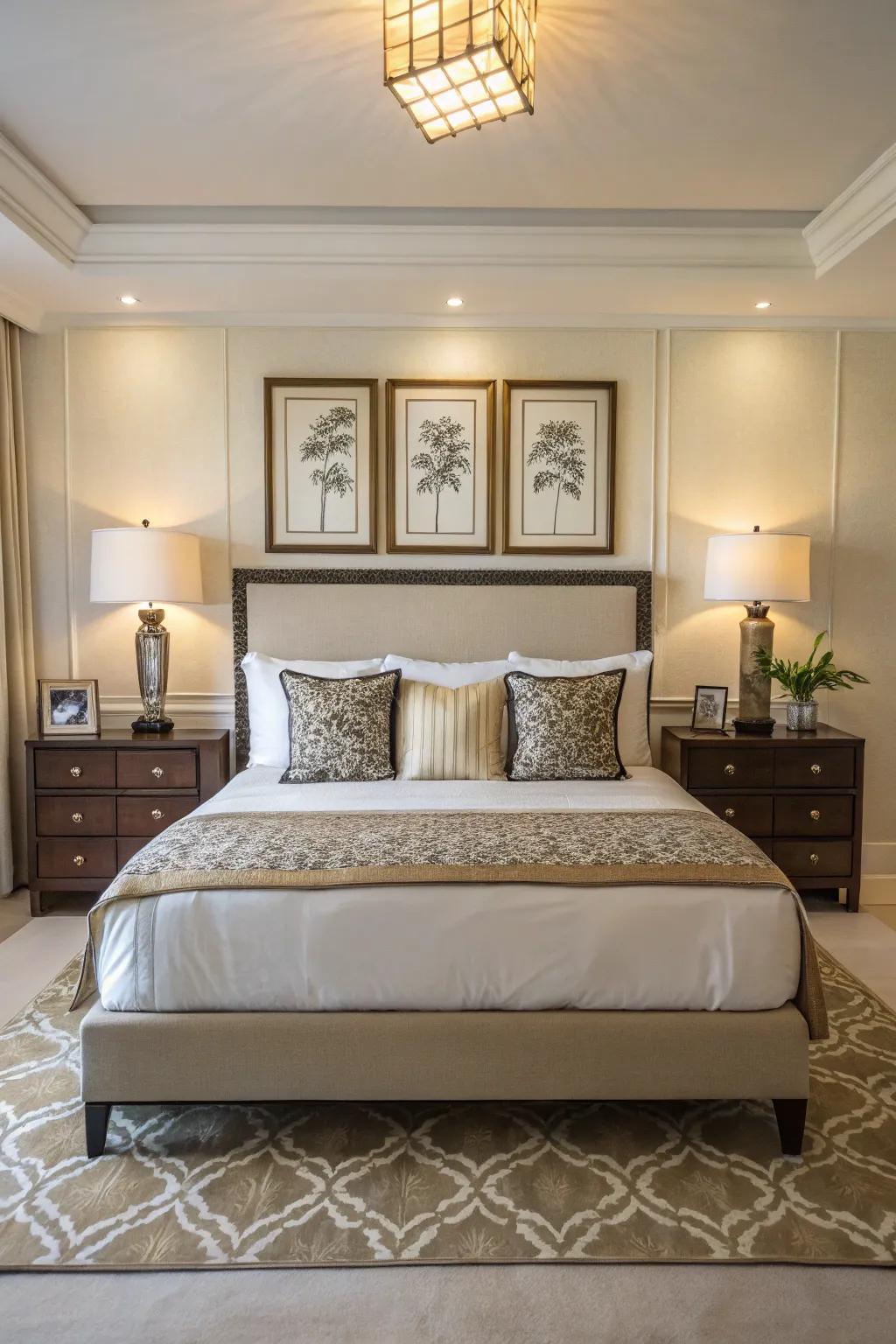 Symmetrical decor cultivates balance and harmony around this king-sized bed.