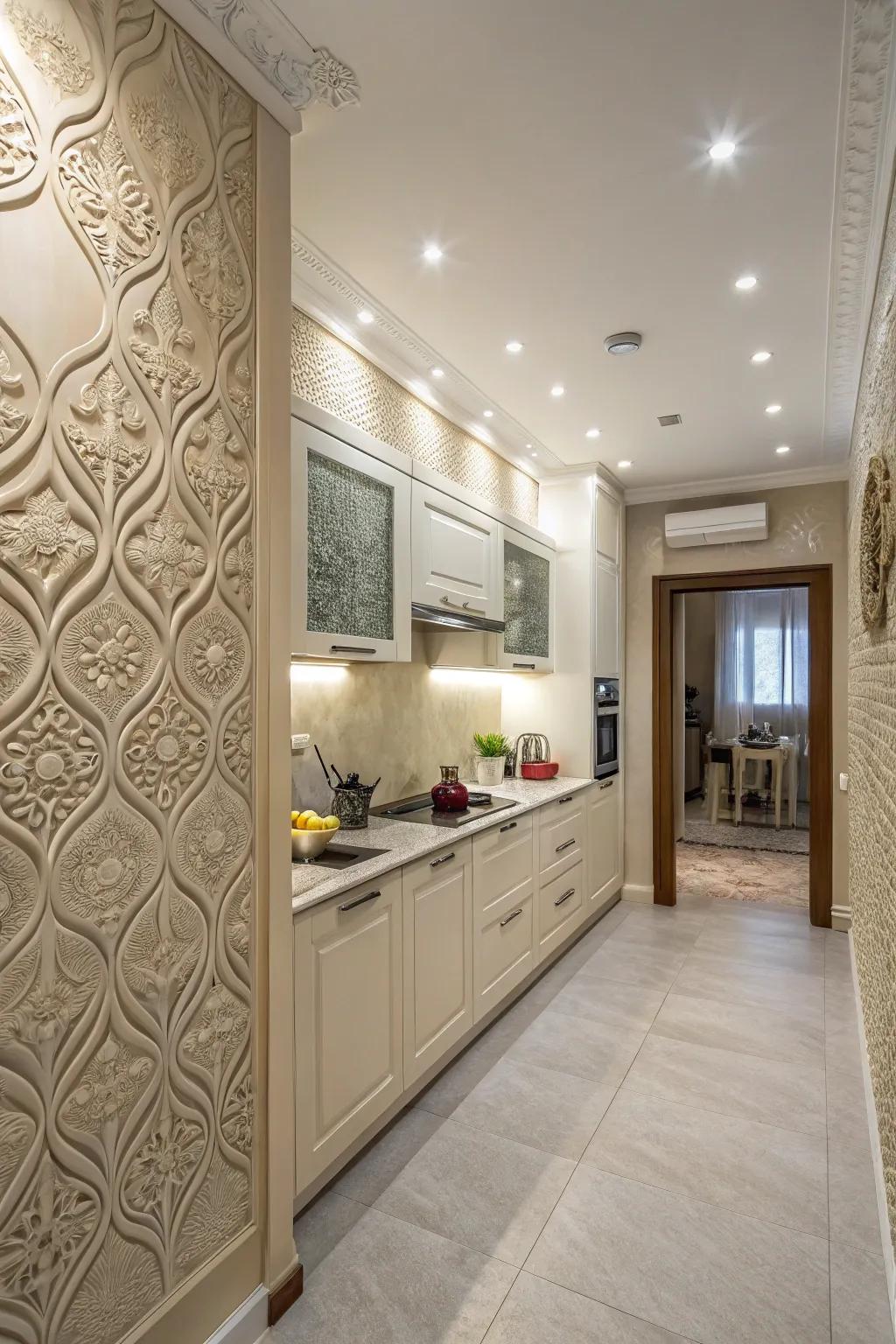Rough wallpaper borders give depth to your kitchen.