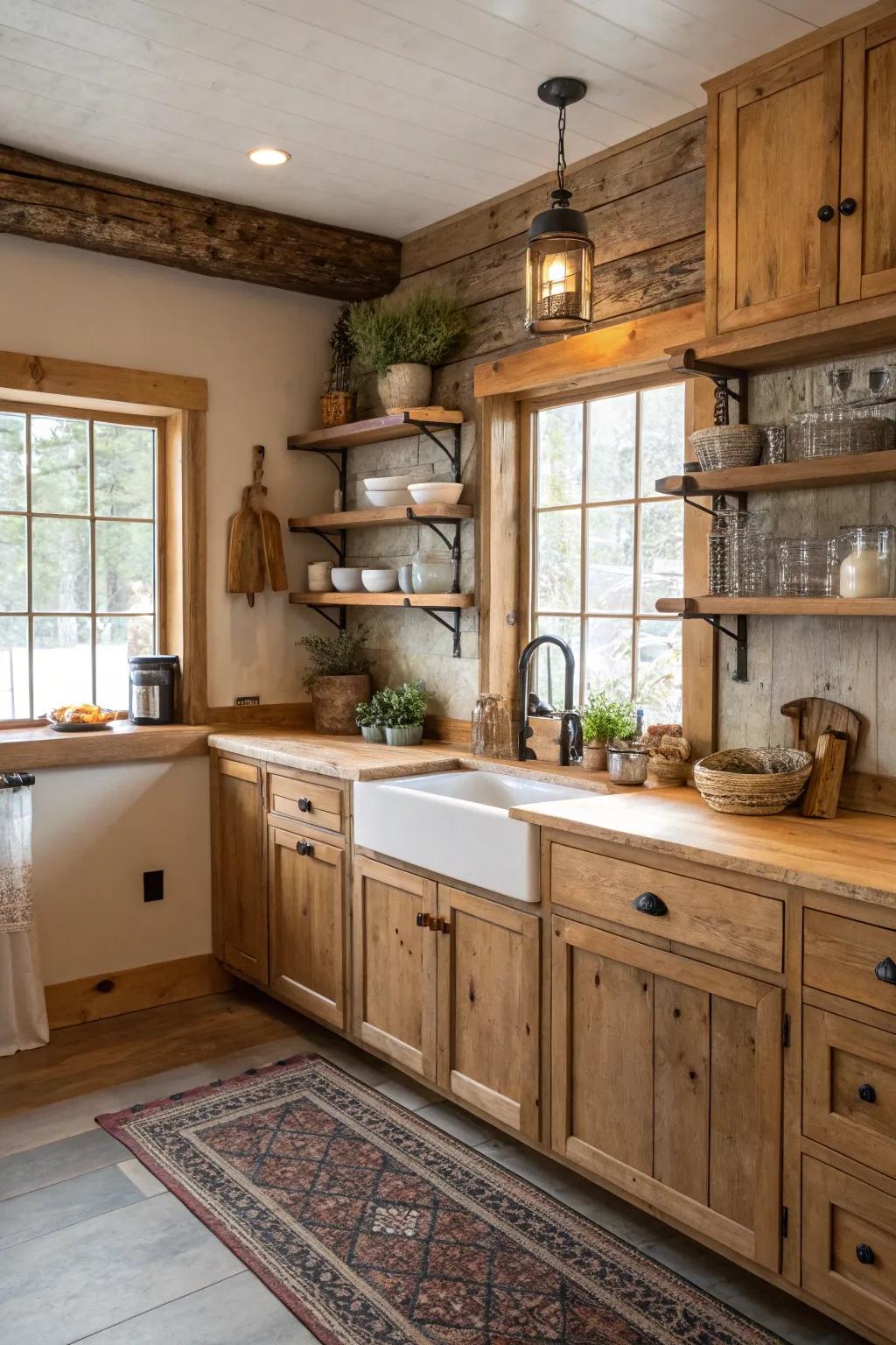 Natural wood cabinets add comfort and authenticity to the kitchen.