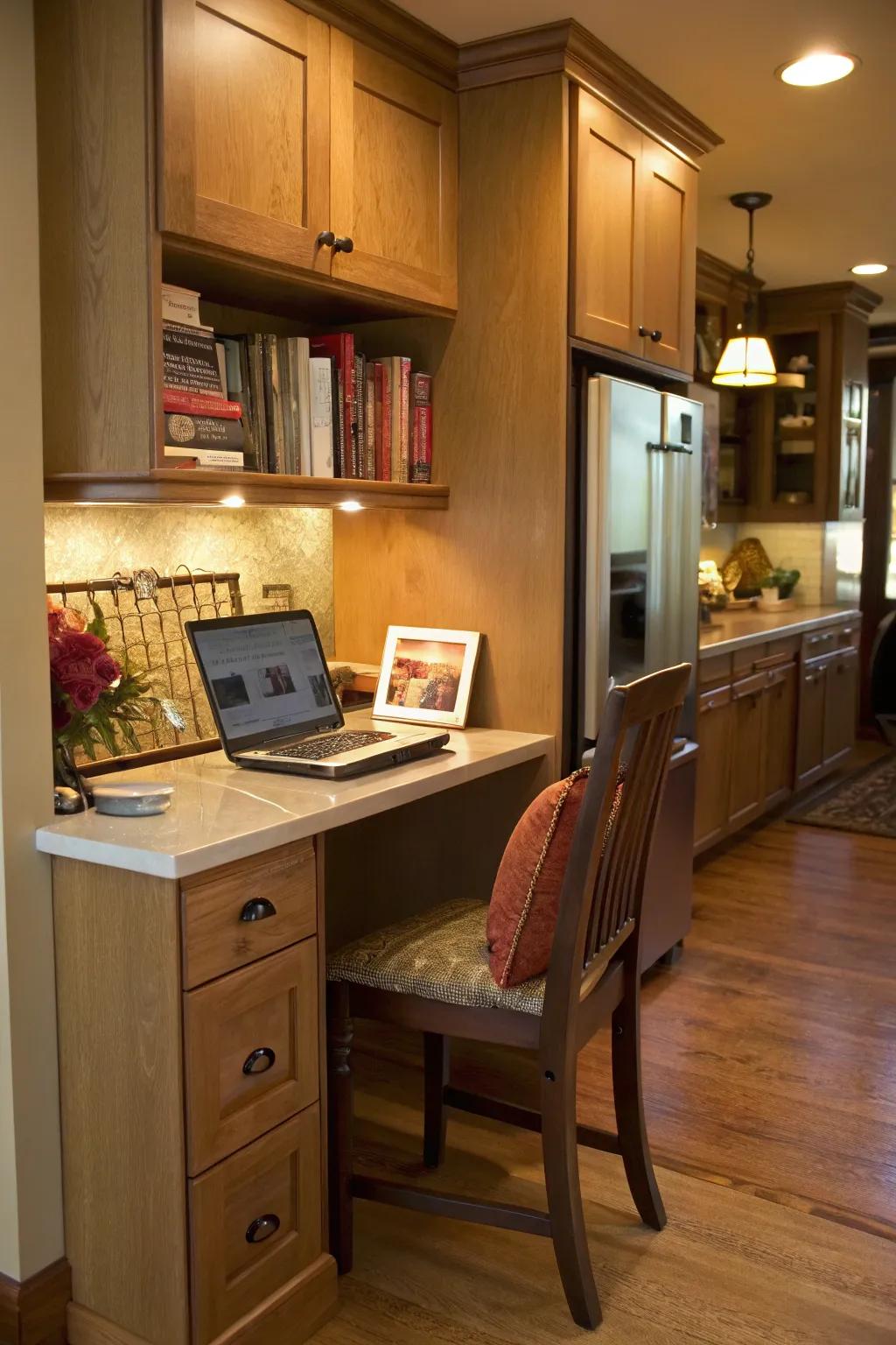A built-in desk transforms a corner into a functional work space.
