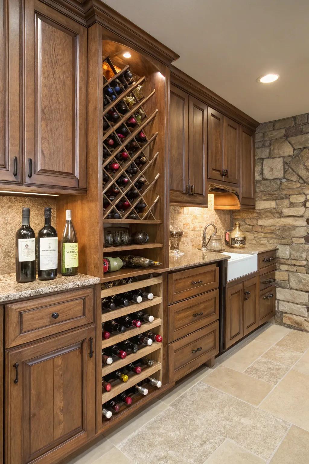 A corner wine rack adds a touch of elegance and functionality.