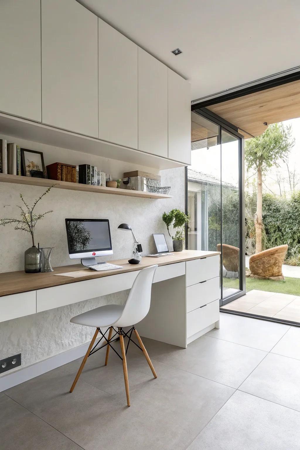 A minimalist kitchen showcasing a polished attached desk design.
