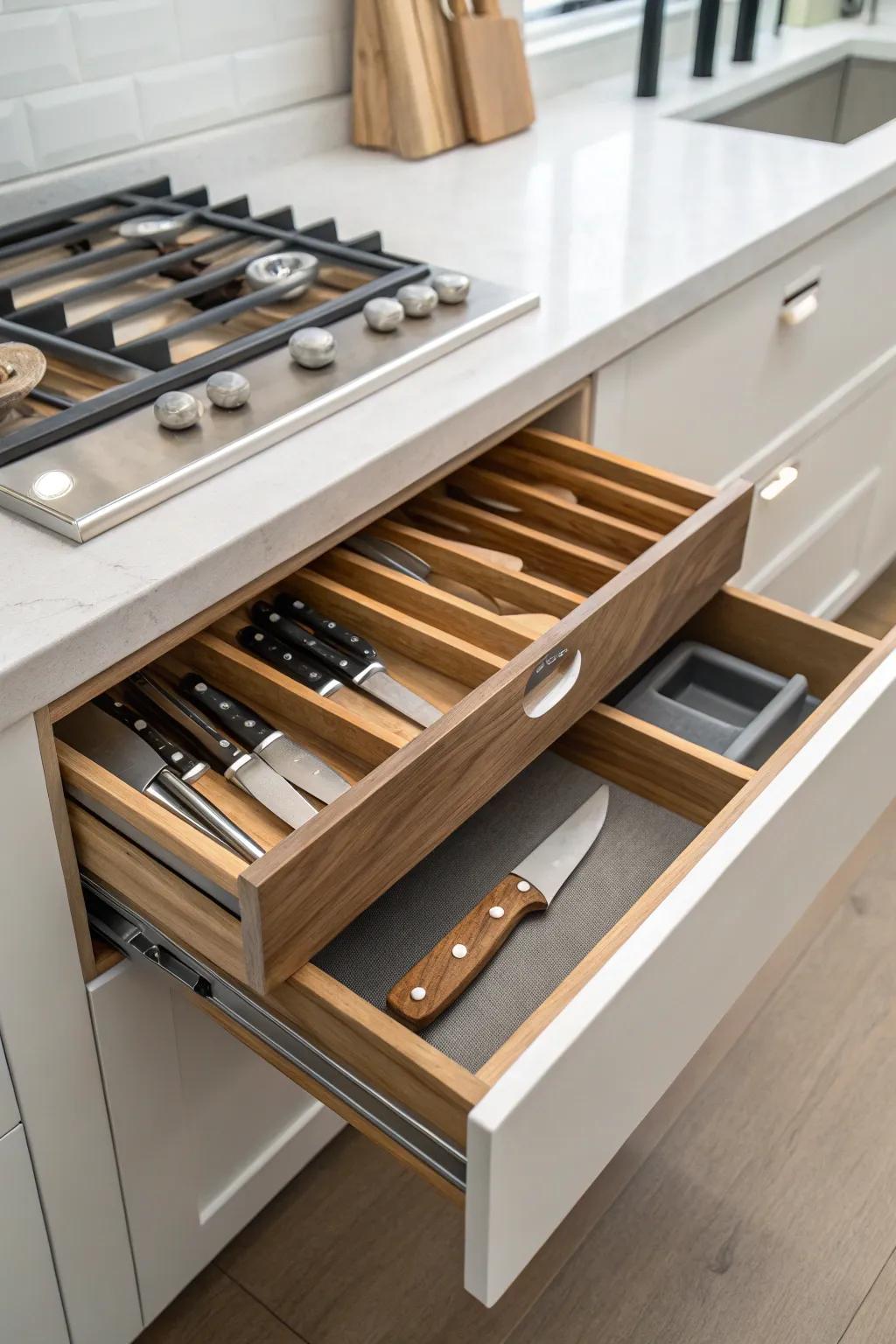 Enhance safety and organization with integrated knife blocks in your kitchen drawers.