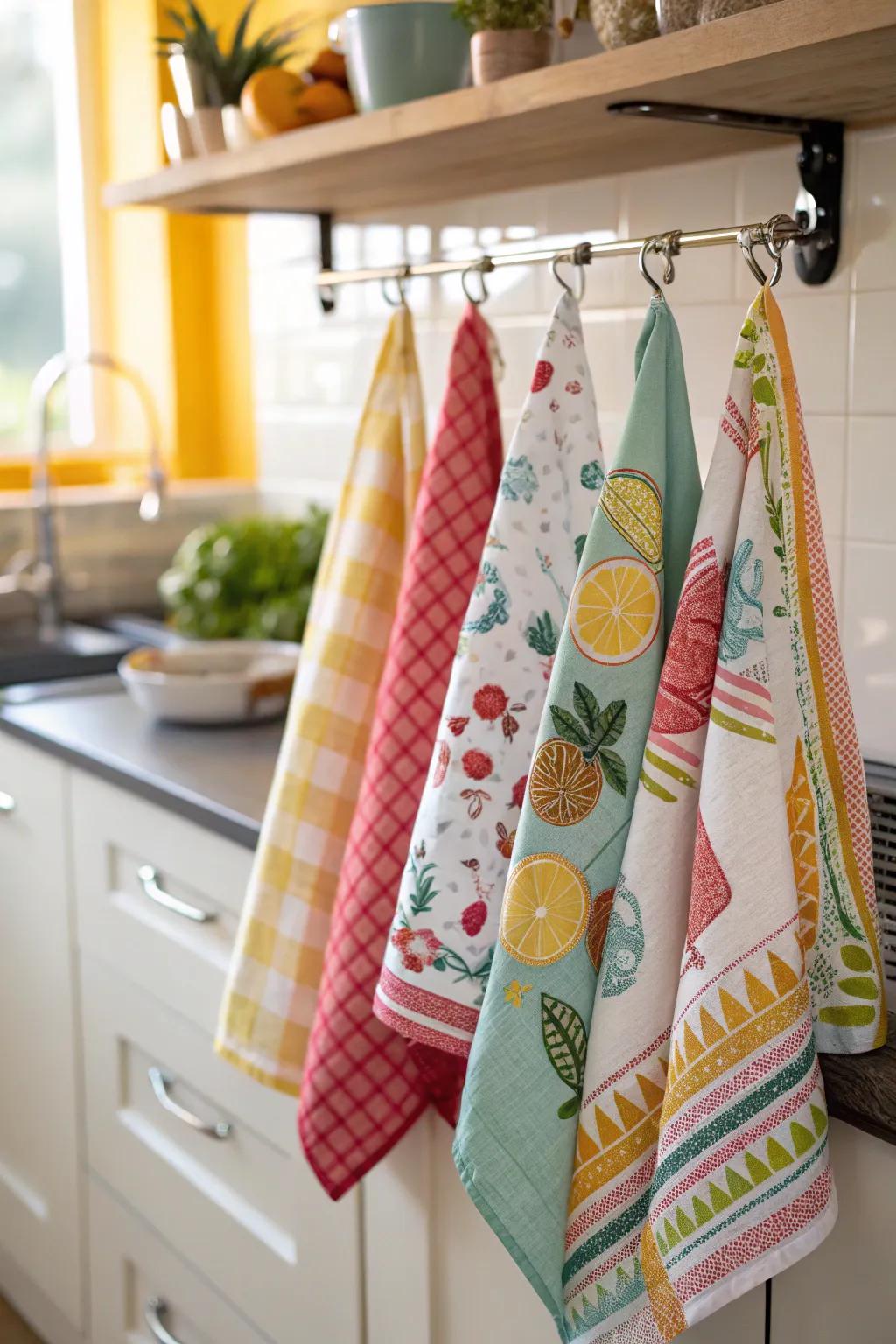 A set of fashionable tea cloths can brighten up the kitchen.