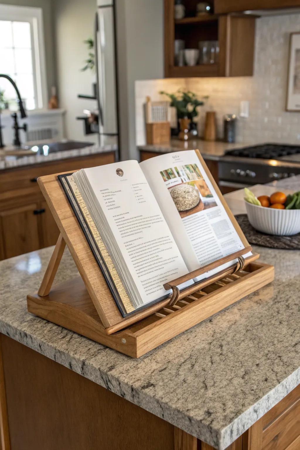 A cookbook stand adds charm and inspires cooking creativity.