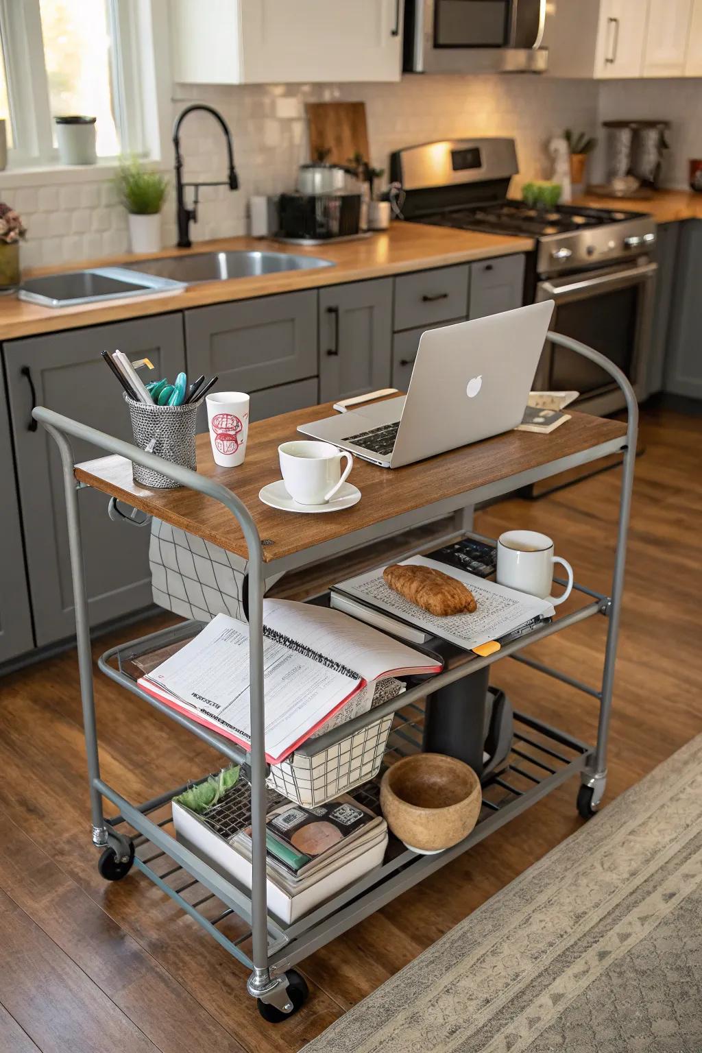 A moveable office trolley offers flexibility in a kitchen workspace.