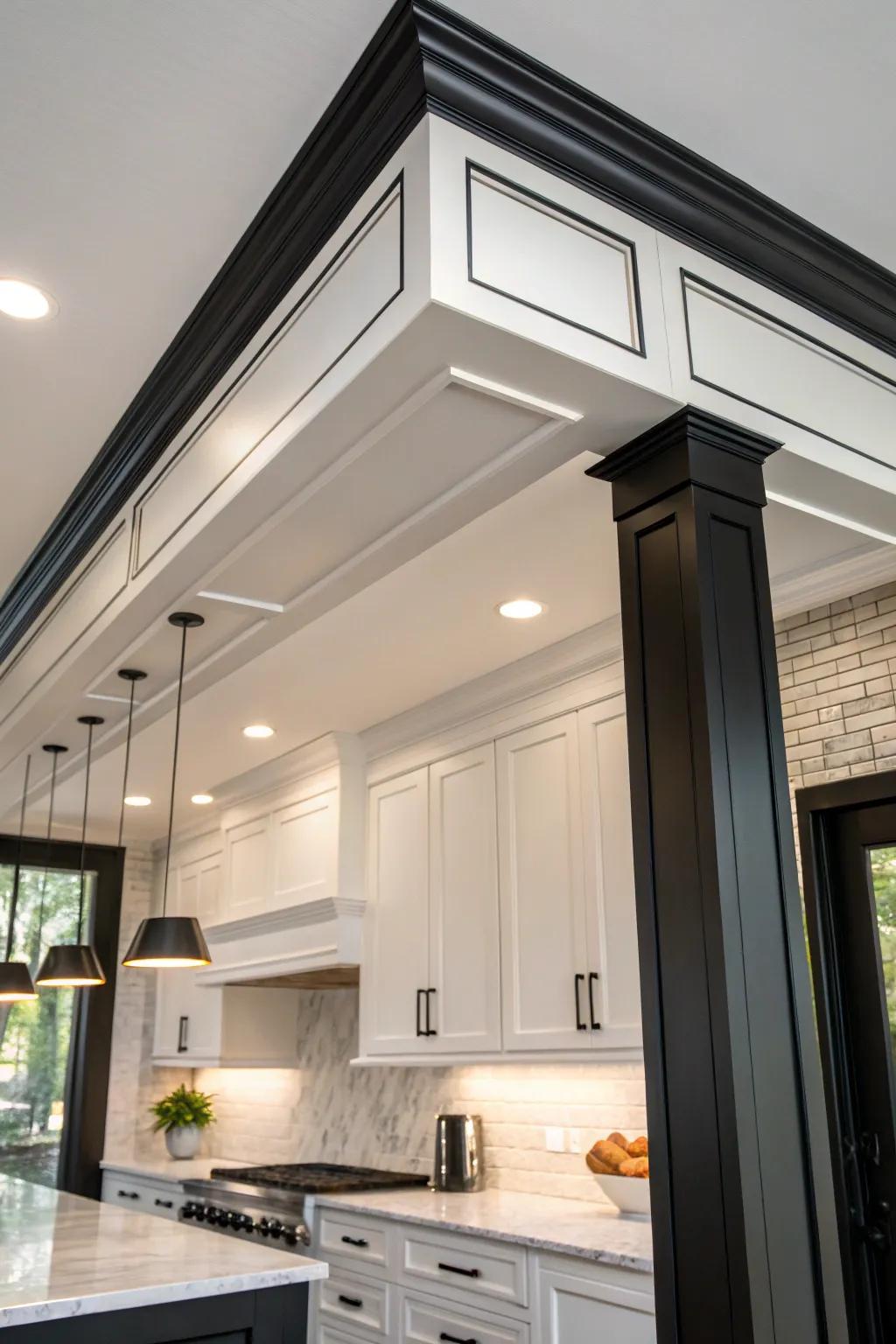 A soffit with contrasting trim, which introduces a striking and contemporary element to the kitchen.