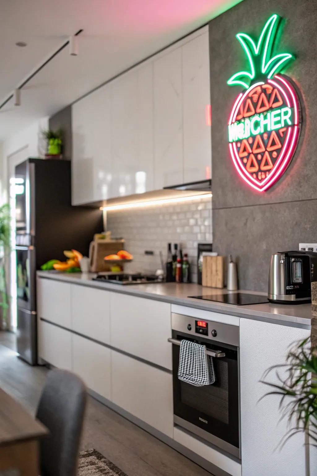 A modern kitchen featuring a vibrant electric sign for a pop of color.