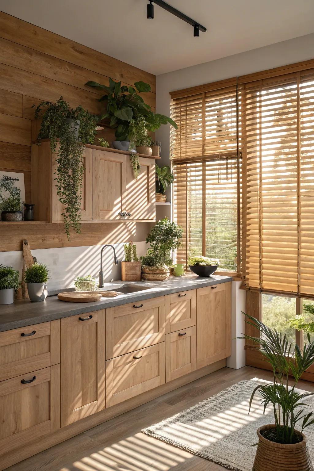 Wood blinds provide warmth and harmony to kitchen environments.