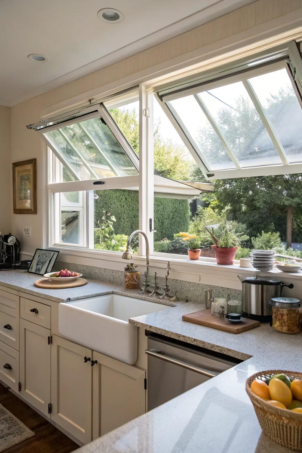 A kitchen featuring top-hinged windows that provide great air flow.