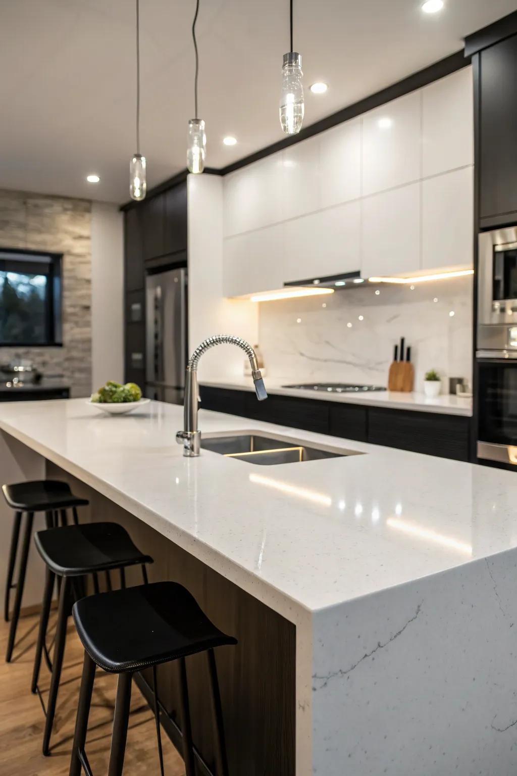 Modern monochrome charm enhanced with quartz worktops.