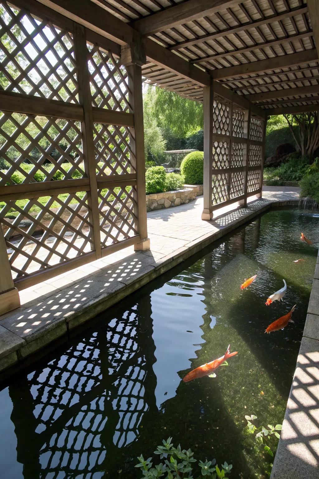 A koi pond utilizing patterned panels to achieve an intermix of light and shade.