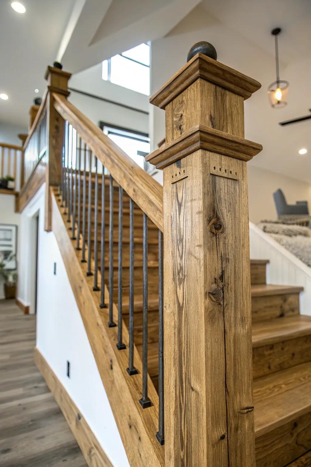 Sustainable banister made from repurposed wood, rich with history.