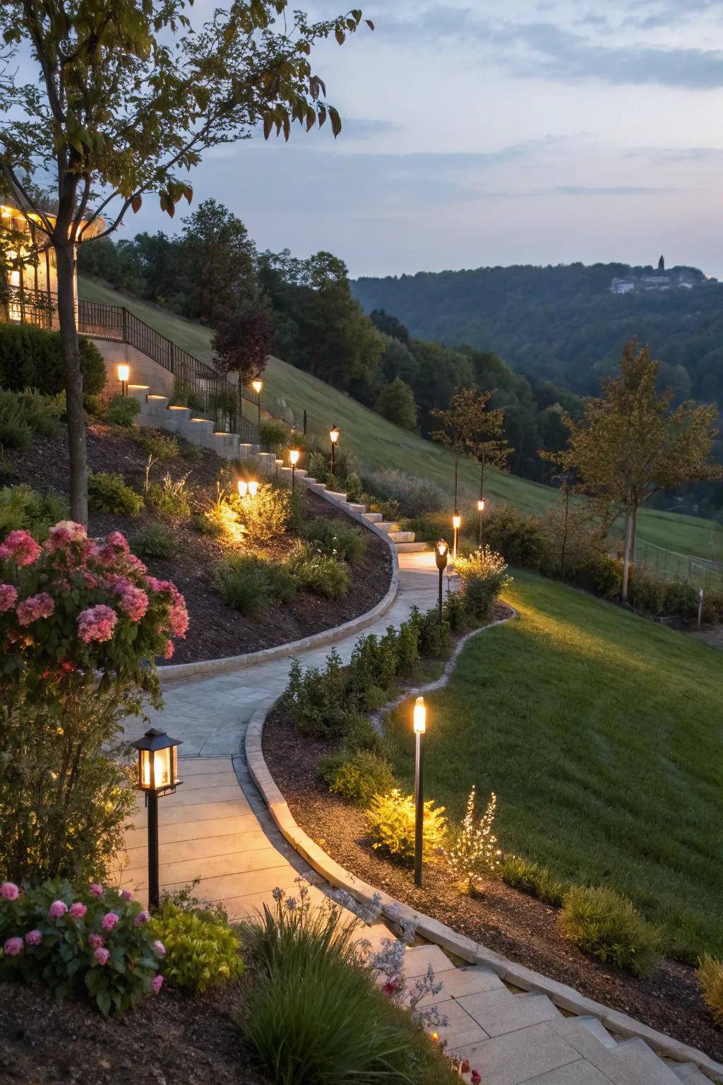 Lighting enhances the elegance and usability of sloping gardens at night.