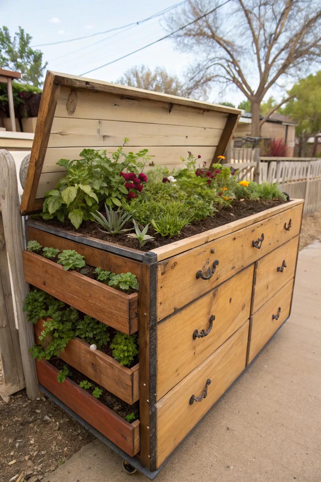 Old furniture can be creatively reused as charming raised beds.