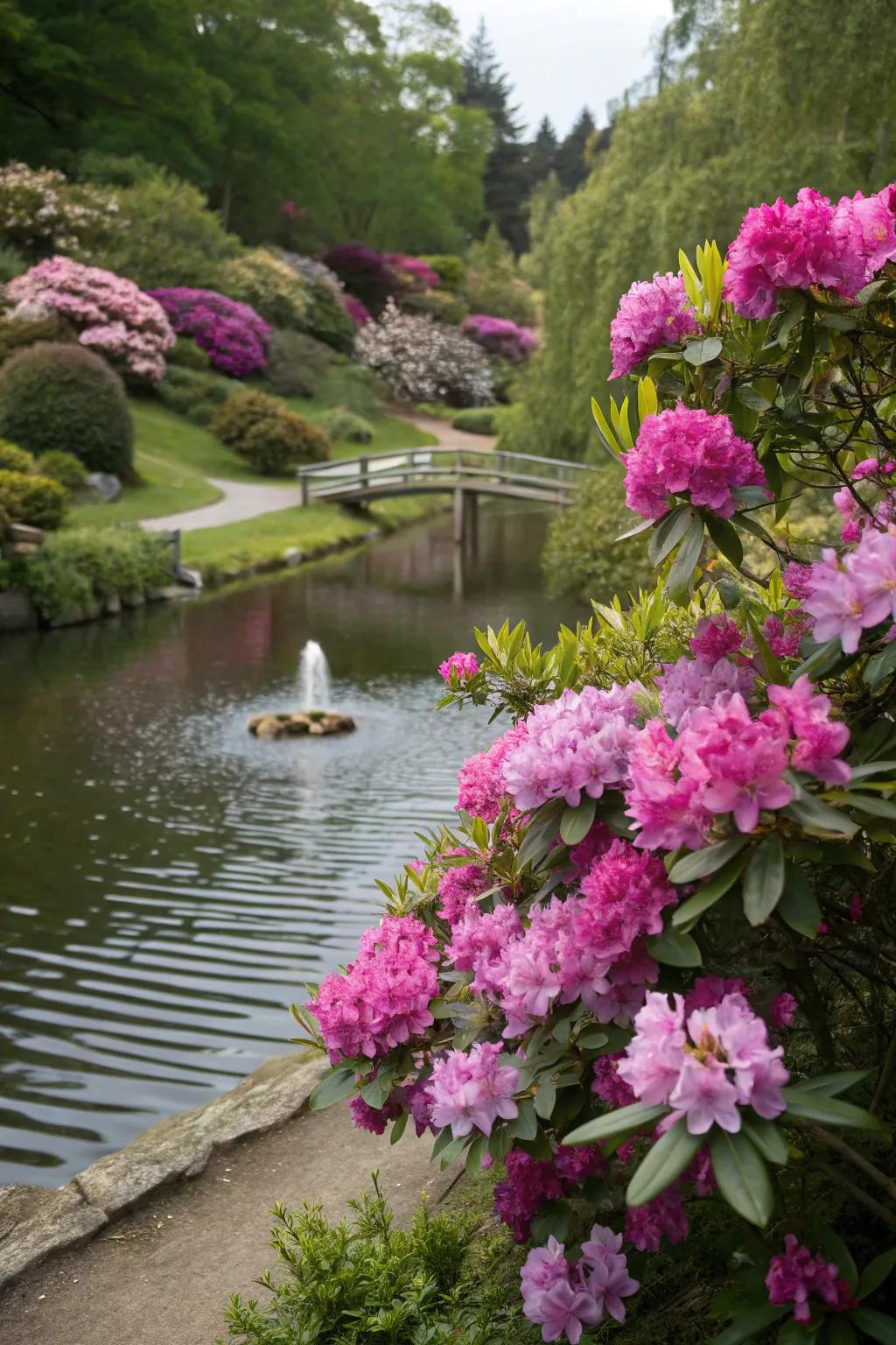 Rhododendrons enhance a peaceful garden water element.