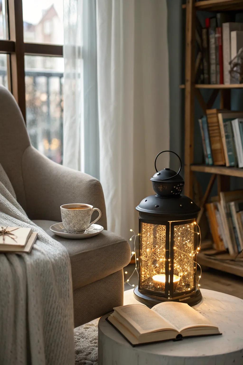 A lantern brimming with twinkle lights creating a magical glow.