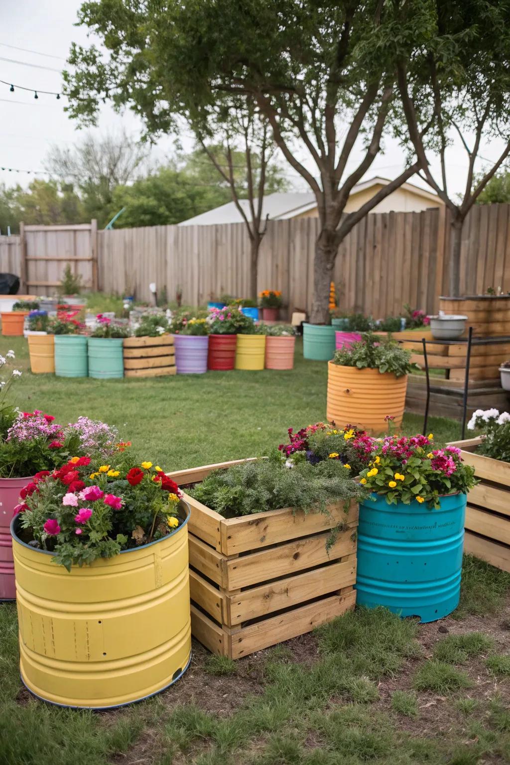 Reused planters give your garden personality and promote sustainability.