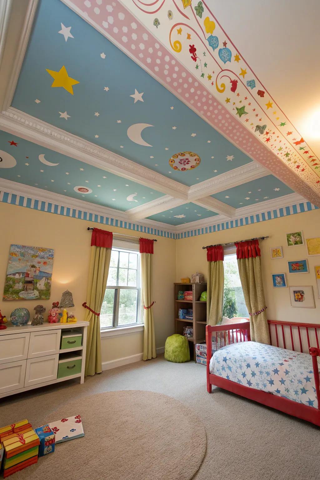 A lively child's space with wide crown molding framing a whimsical roof pattern.