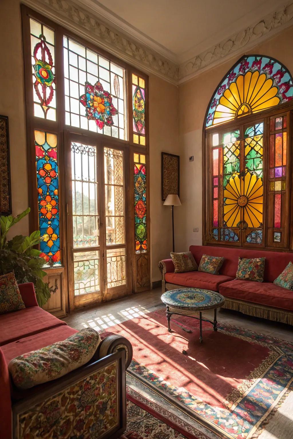 Leaded glass windows casting vibrant light onto the living room floor.