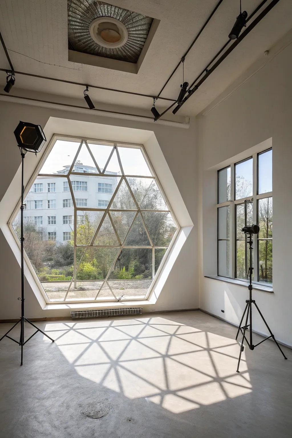 A distinctive hexagonal window creating a modern architectural detail.