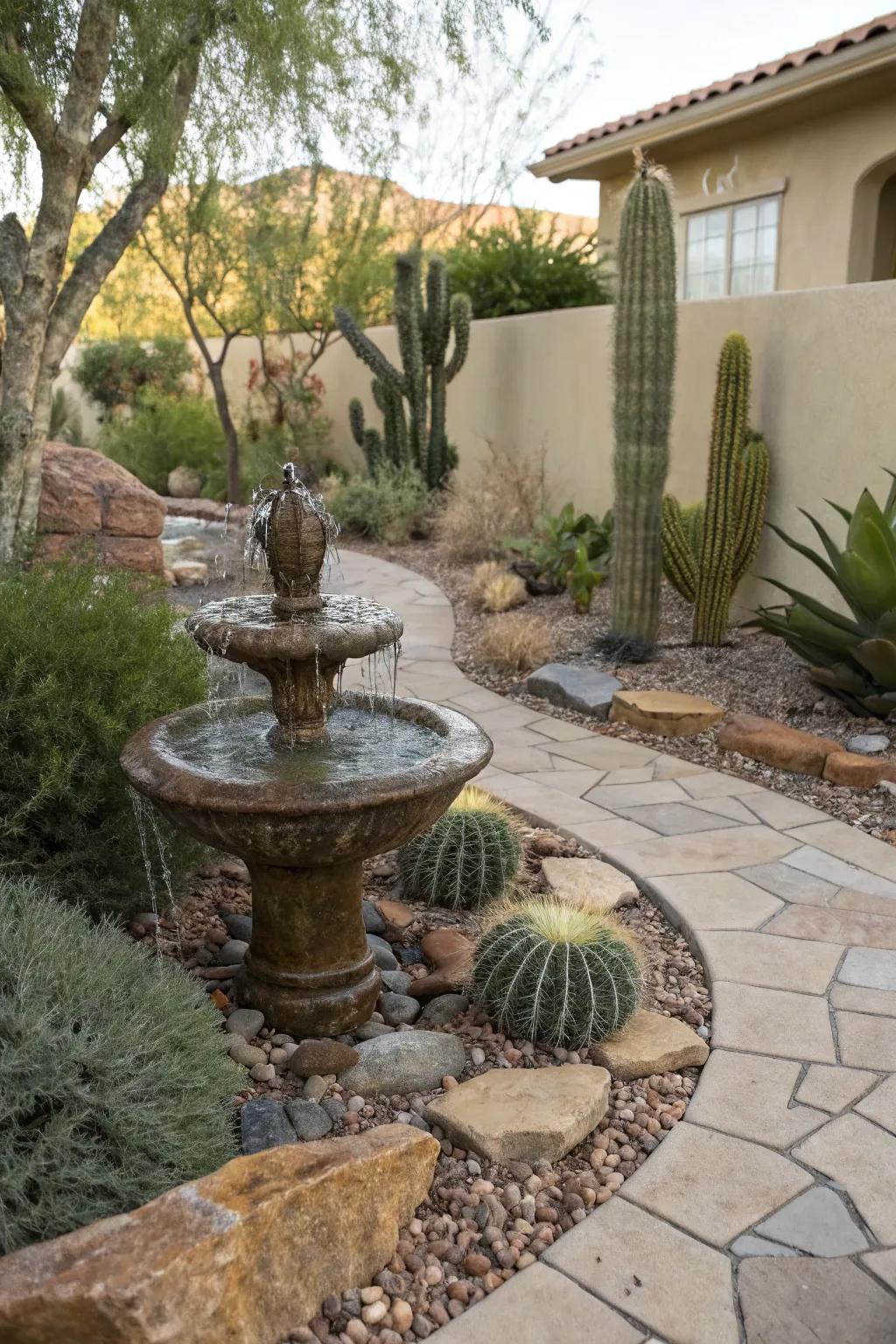 Small water feature set among desert plants in a Las Vegas backyard.