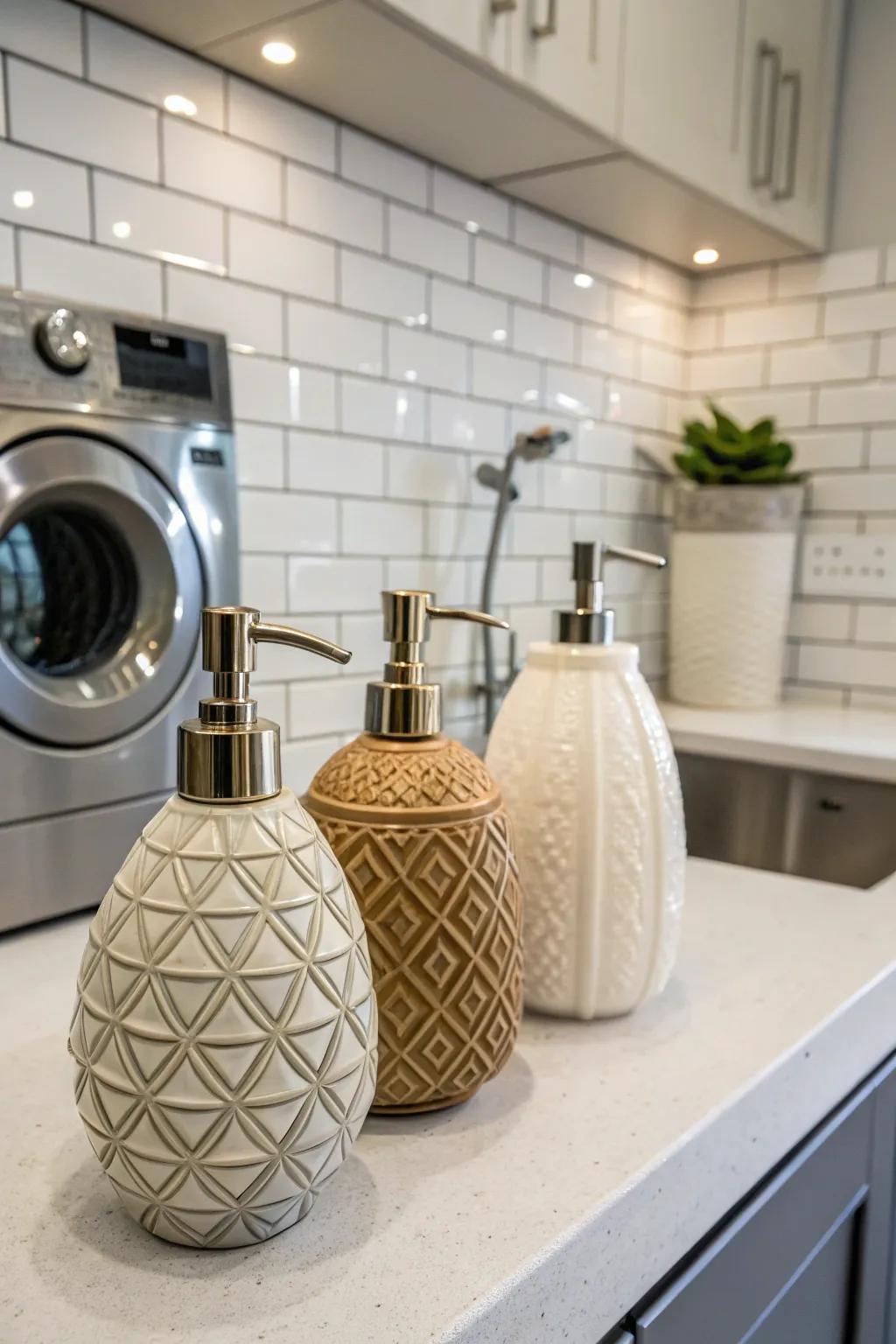 Ceramic dispensers add artistic flair to your laundry setup.