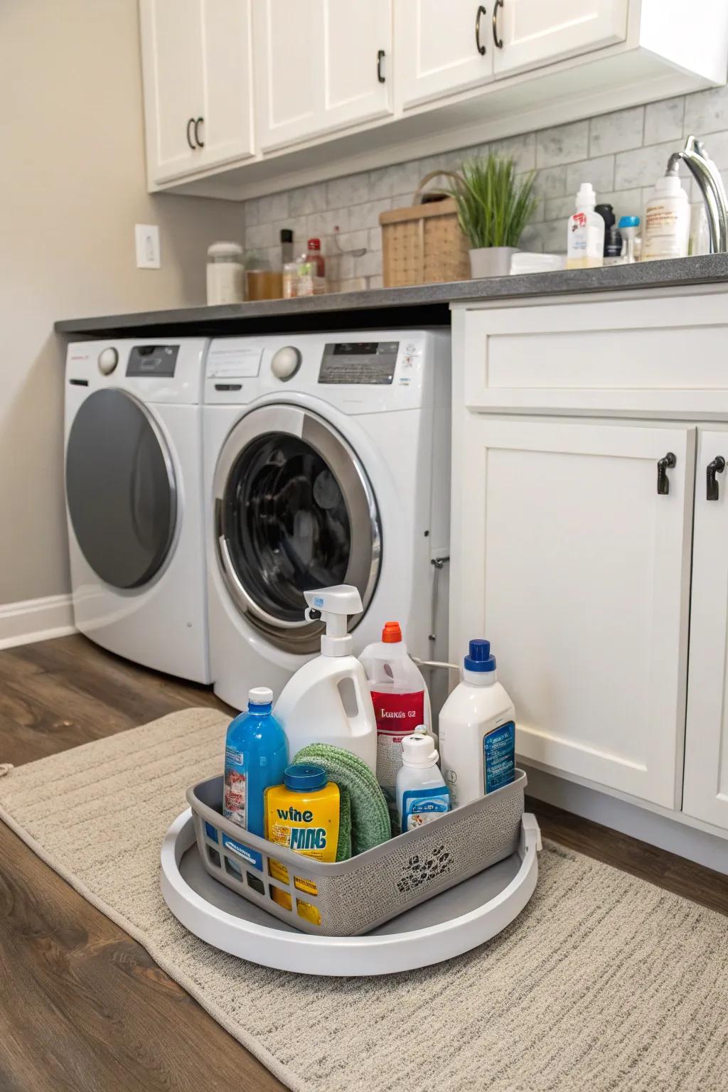 Maximize under-sink storage with a narrow lazy Susan.
