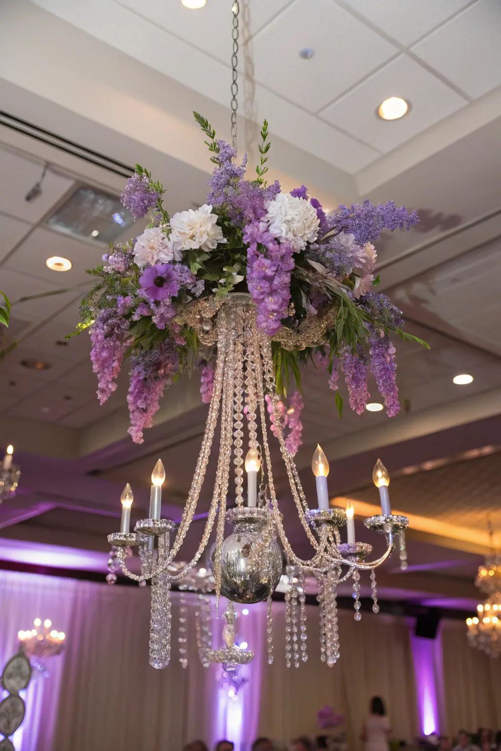 A breathtaking floral chandelier that adds drama and beauty to the venue.